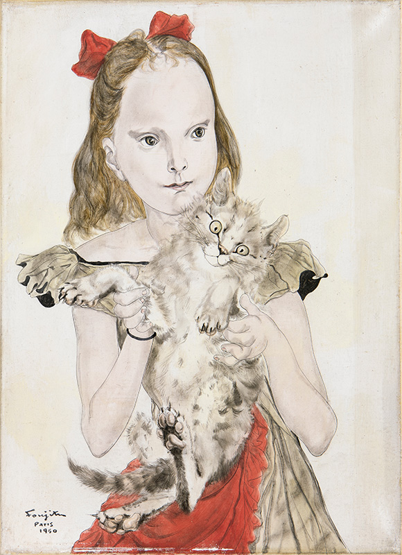 Comme à la Belle Époque – 50 ans à Paris. : Léonard Tsuguharu Foujita, Fillette au chat , 1950, 33 x 24 cm